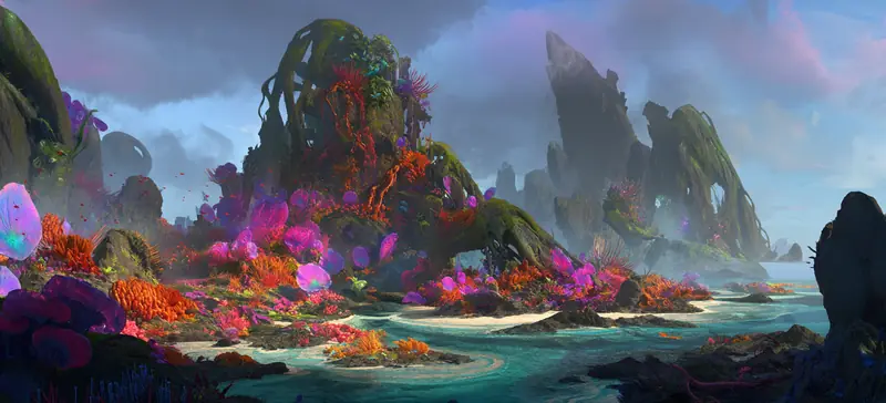 A shelf of magenta and orange coral growth spilling into a turquoise shallow, eroded stacks fading into mist behind.