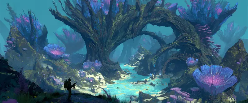 An explorer on a ridge below a vast rooted arch, violet blooms and turquoise water threaded with pale filaments.