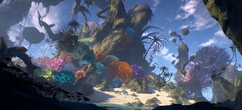 A pale sand shore under a rock arch, dark spiny flora in the foreground and coral colonies along the waterline.