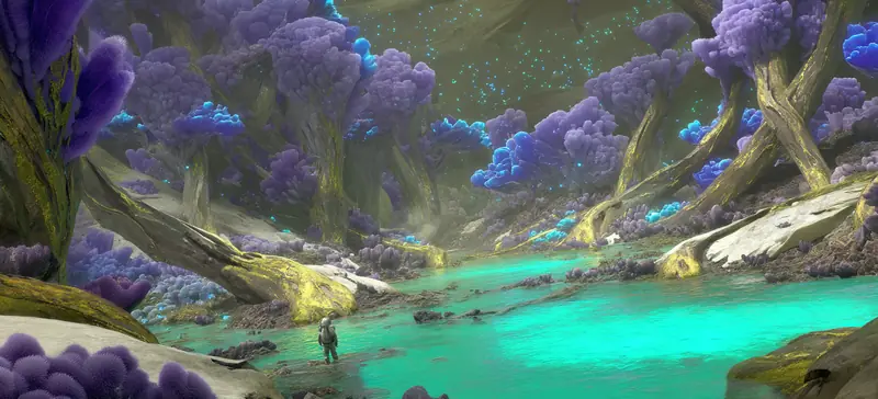 A lone figure wading into a glowing green basin beneath a canopy of violet growth.