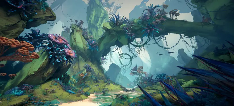 A green terrace of mossed forms and blue flowering stalks descending toward a bright shallow.