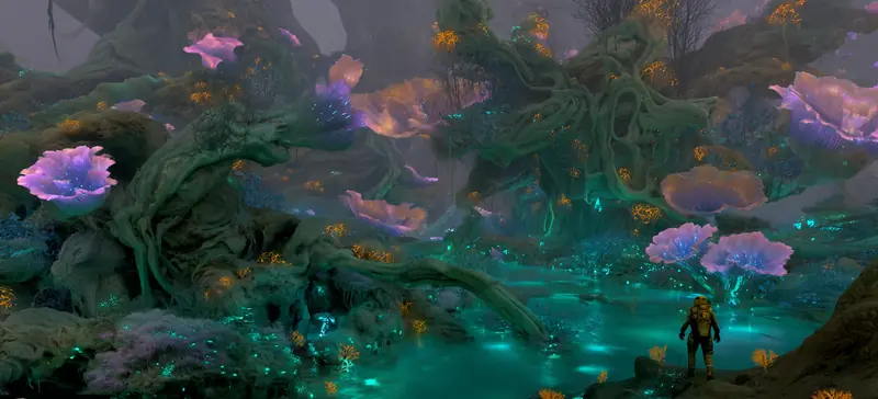A suited explorer beside bioluminescent teal pools, orange coral fans lighting the rooted banks.