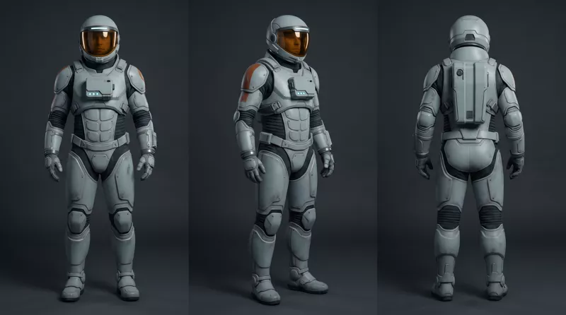 Three views of the expedition suit — front, three-quarter and back: a white armoured shell with an amber visor, teal chest indicators and a dorsal pack.