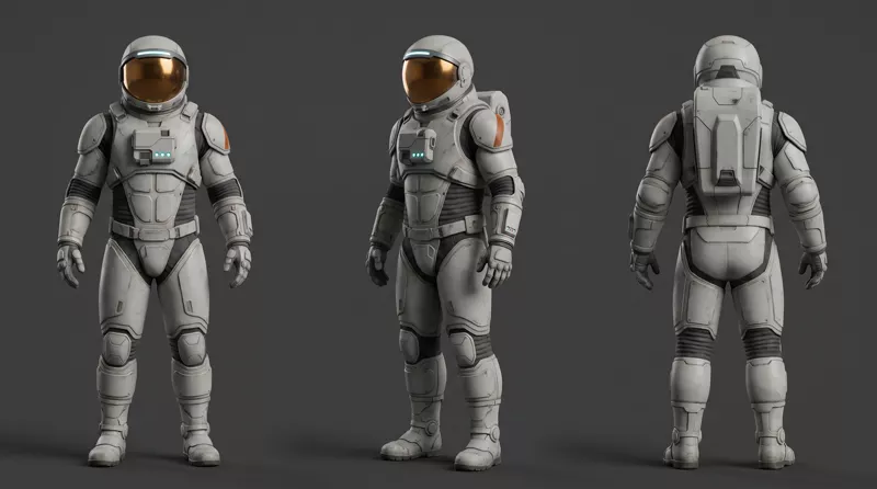 The same three-view suit sheet in a lighter pass, gold visor and the orange shoulder mark held.