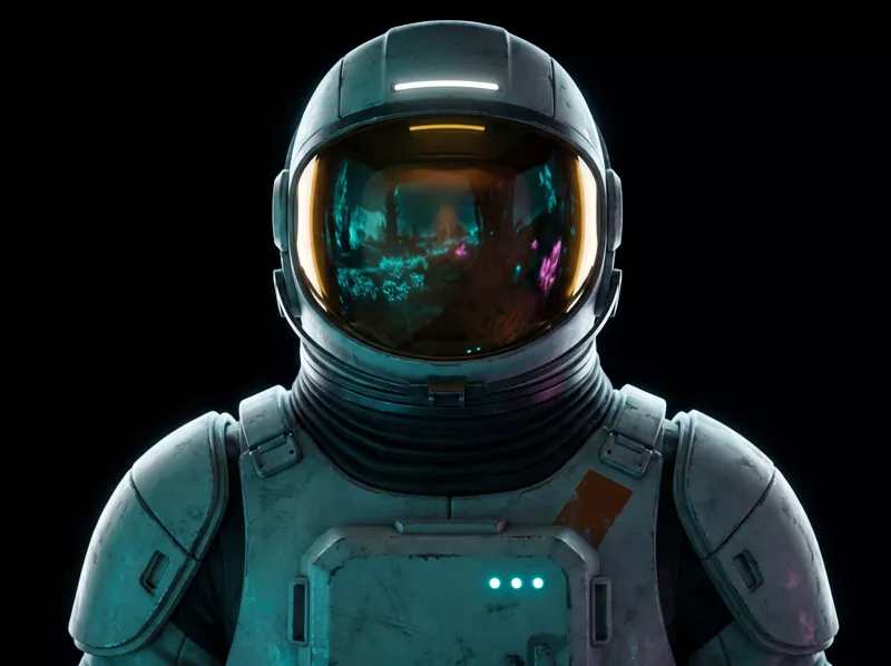 Bust of the suited explorer against black, the amber visor mirroring a turquoise and magenta forest, teal indicators on the chest plate.