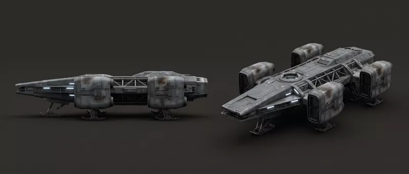 Side and three-quarter views of the expedition ship, a worn grey hull carried on four engine pods and landing skids.