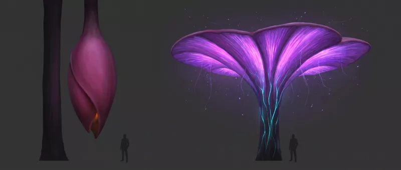 The canopy organism in two states: a closed magenta pod hanging from a dark trunk, and the same organism open into a glowing violet crown, a human silhouette beside each.