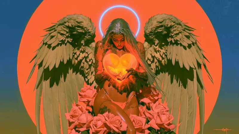Winged angel holding a glowing heart before an orange halo disc, surrounded by roses