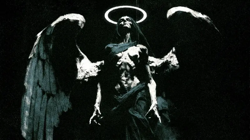 Black-and-white stone angel with a halo, arms outstretched