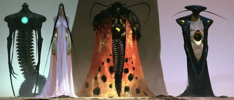 Line-up of four robed eldritch figures staged like a museum exhibit