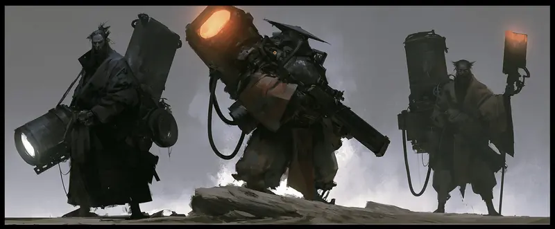 Three heavy salvage robots carrying lamps across a grey plain