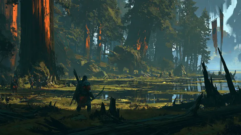 Hunter silhouetted in a red-lit swamp forest