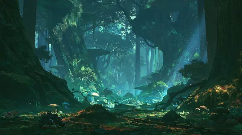 Teal forest canyon with a glowing cave mouth