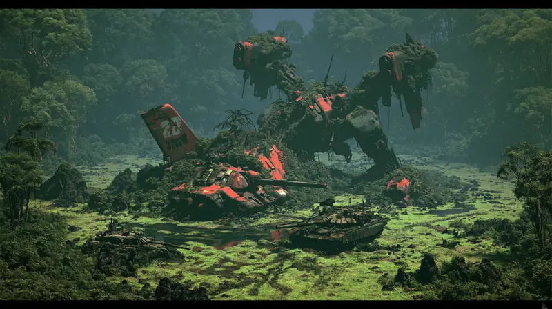 Mechs reclaimed by jungle in a clearing, red accents