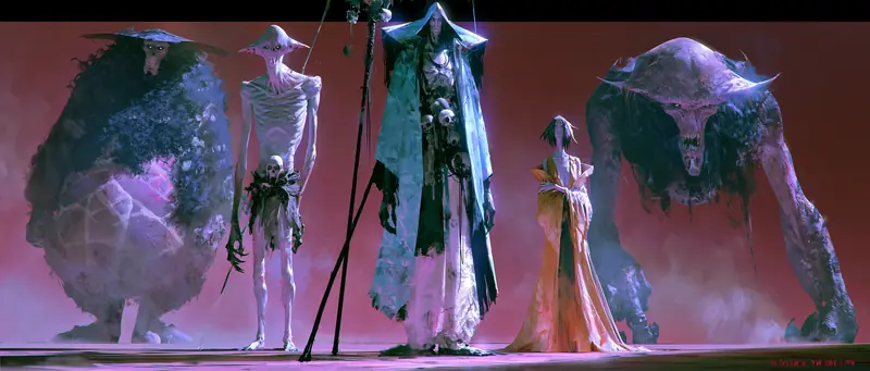 Stage line-up of skeletal and robed figures in violet-pink light
