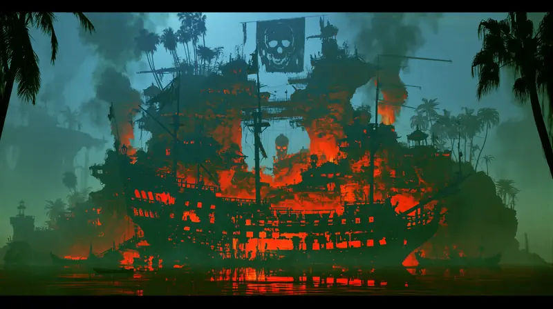 Pirate ship glowing red in a teal lagoon between palm trees