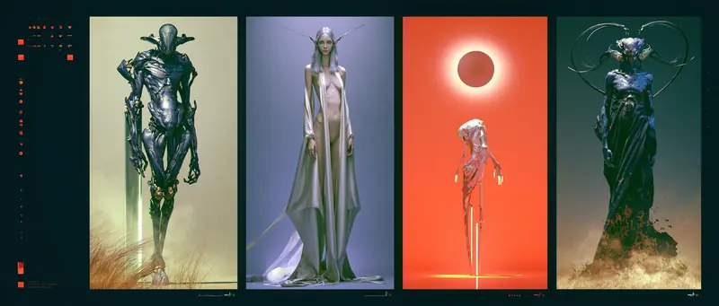 Panel of four character design boards with annotation interface
