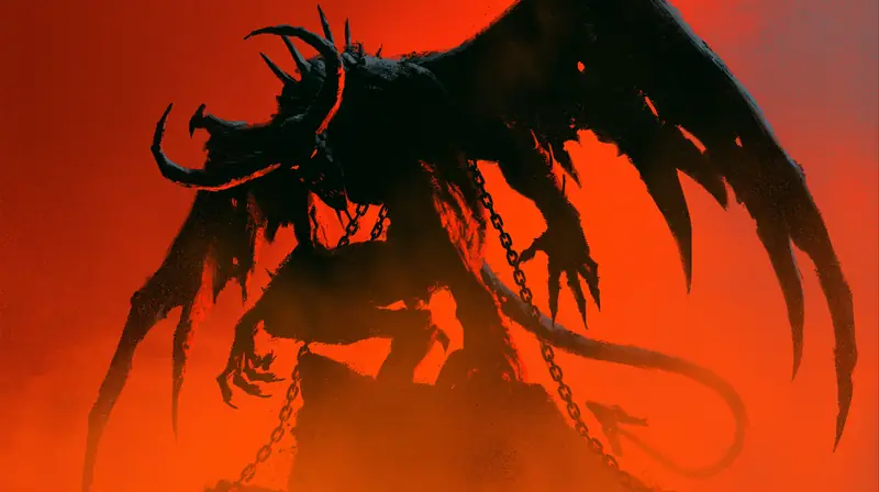 Colossal winged demon silhouette against a blood-red sky, chains hanging