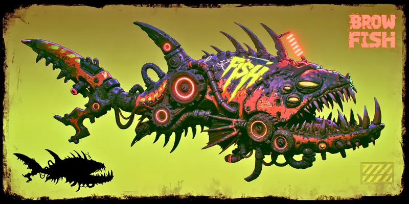 Pop-art mechanical fish in acid green and pink with graffiti lettering