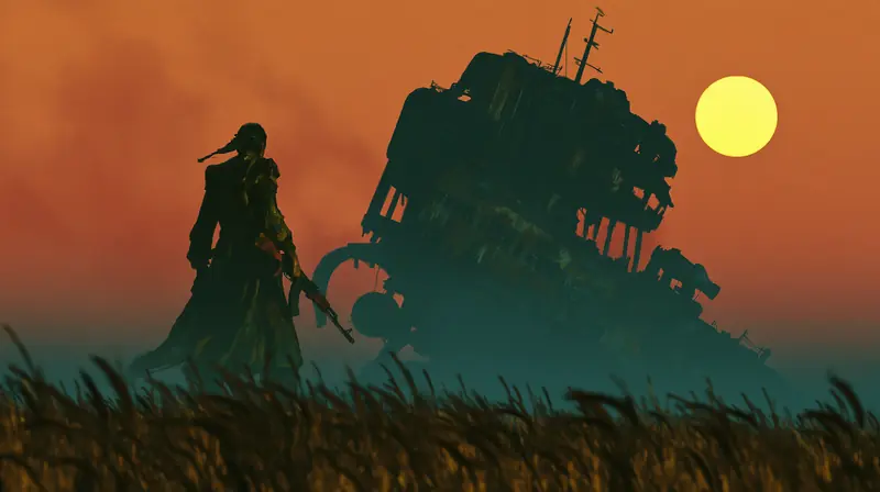 Scout before a ruined mech under a yellow moon, orange sky
