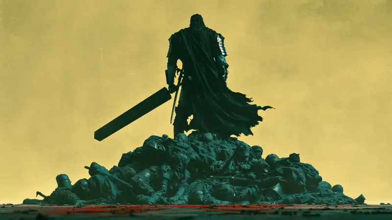Warrior with a greatsword standing on a mound of skulls under a sulfur sky