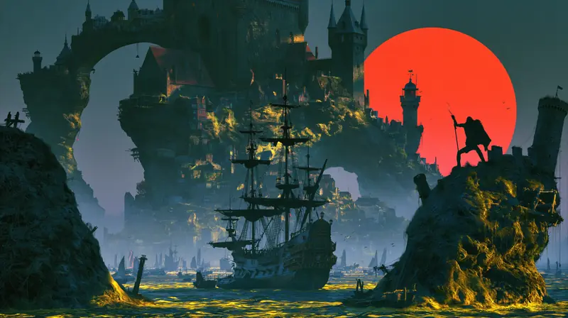 Cliff-top castle and sailing ships beneath a red moon