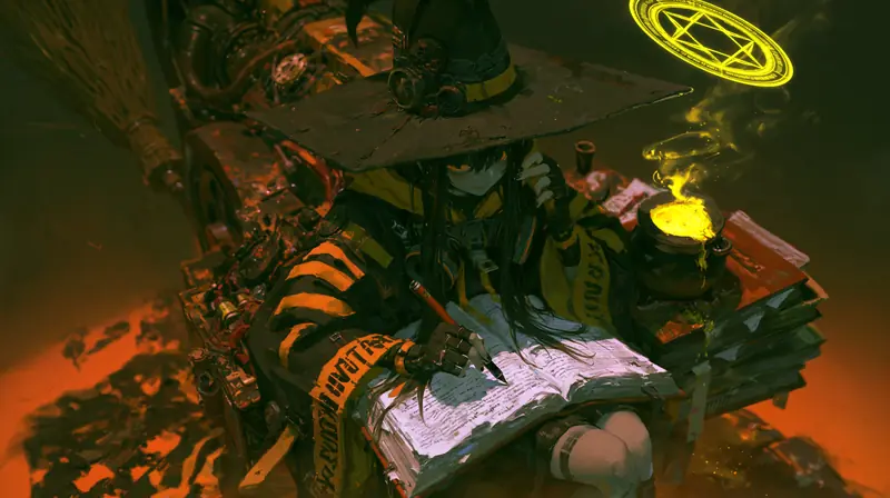 Mechanic-witch writing in a ledger beneath a yellow sigil halo