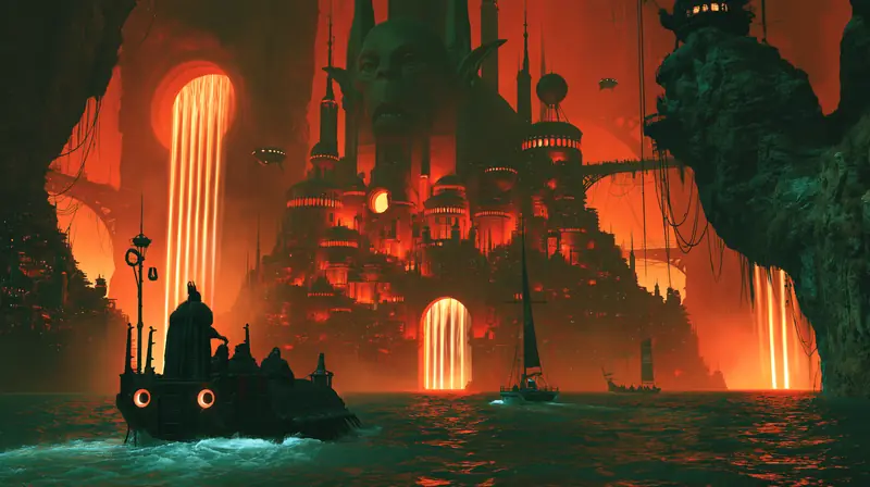 Fortress city with lava waterfalls above dark boats, red monochrome