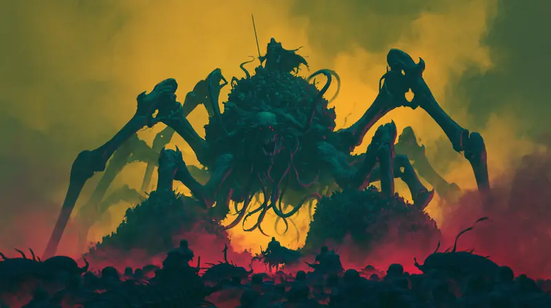 Giant spider-machine deity looming over a crowd under a green-yellow sky