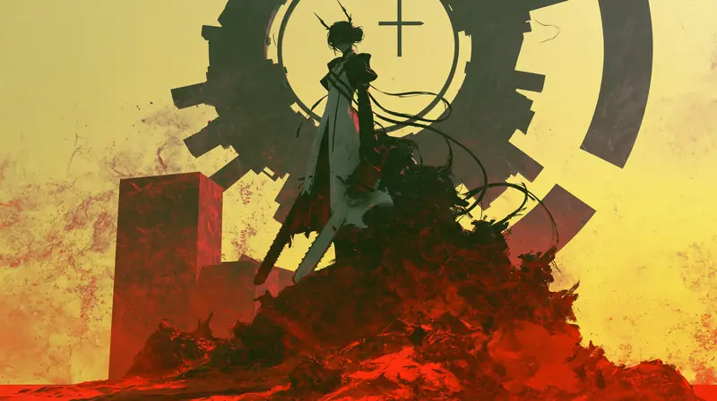 Elegant figure crowned by a gear halo on red rocks under a yellow sky