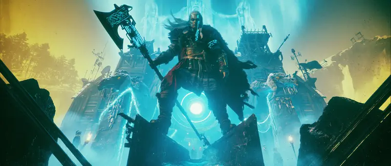 Warriors raising axes around a glowing blue orb aboard longships
