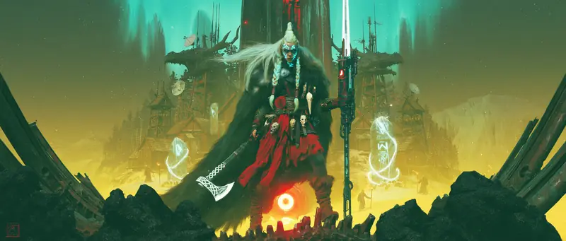 Red-robed priest hovering with sigils above a crowd, teal sky