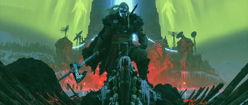 Dark army with red banners marching under a green-yellow sky