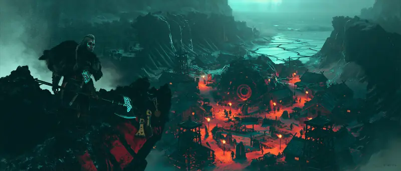Teal battlefield with red campfires seen from a cliff