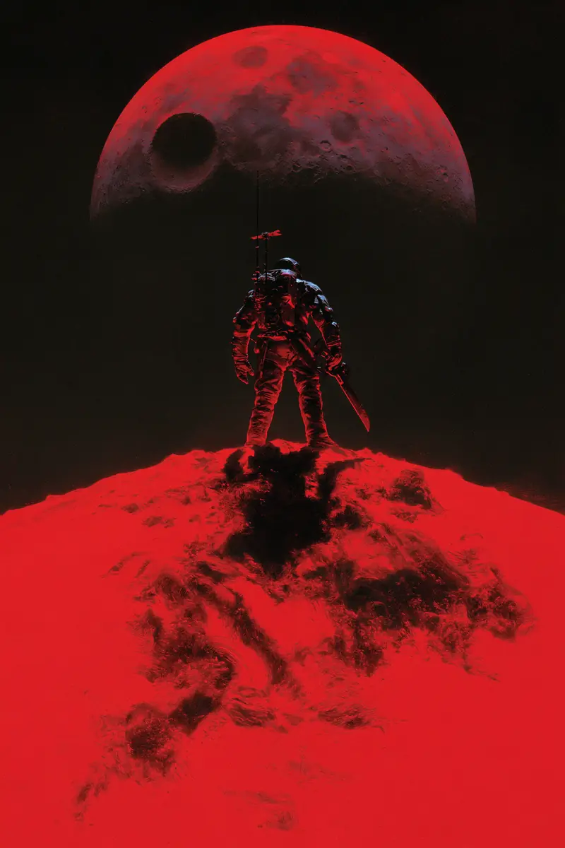 Lone armored warrior on a hill beneath a giant red moon, original cover visual by Mike-Jeason Leca