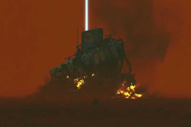 Burning crashed hauler with a light beam rising into red haze