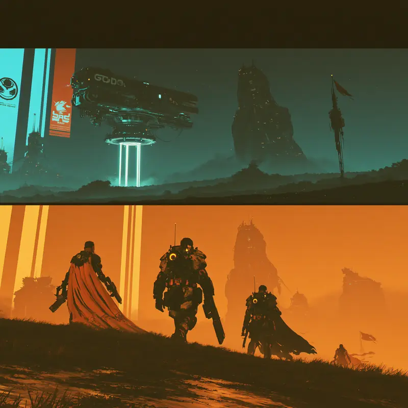 Two frames: a teal spaceport tower; caped soldiers walking into orange haze