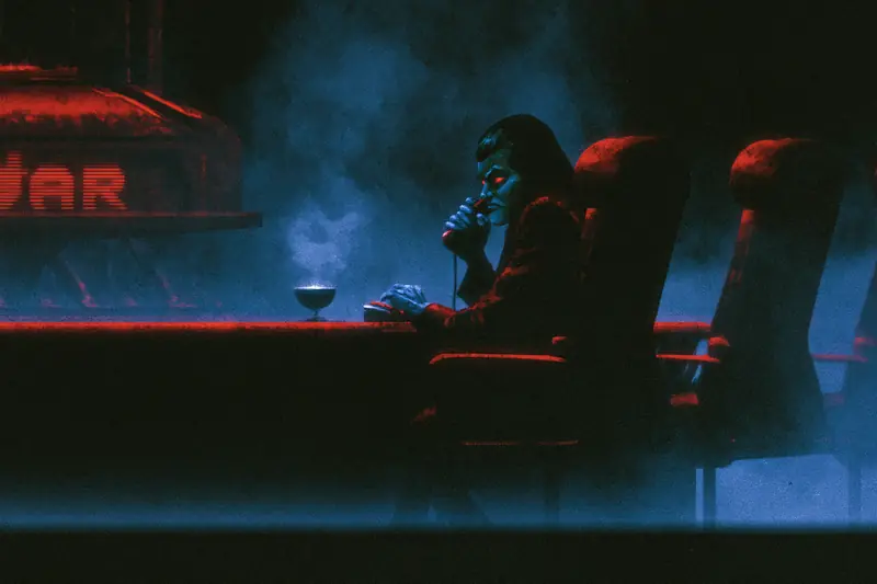 Figure in a red cinema seat with a glass of wine in a dark theater