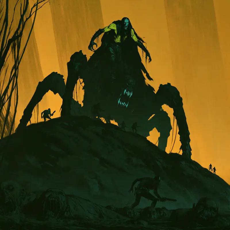 Spider-mech and rider cresting a green hill, small figures below