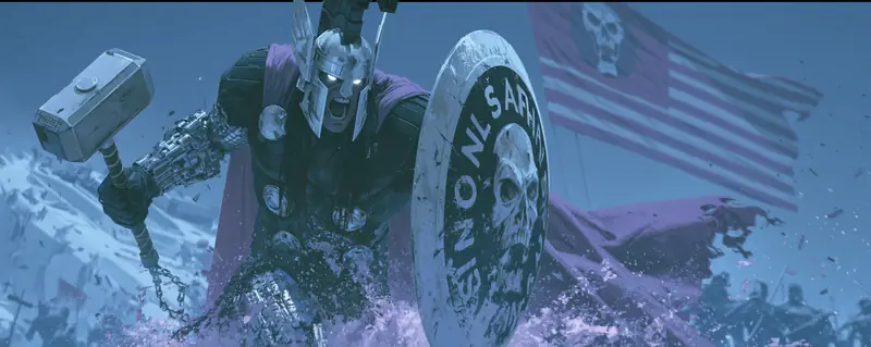 Warrior with hammer and skull-marked shield wading with a flag, pale blue