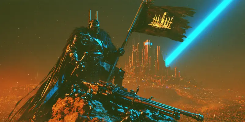 Knight planting a flag, cyan beam rifle over a teal city