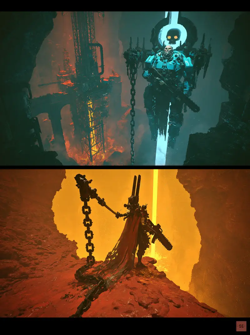 Two frames: a cyan skeleton king wired into machinery; a chained sword above lava