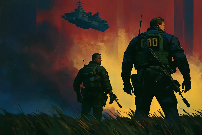 Two armored soldiers walking toward a burning red forest, dropship overhead