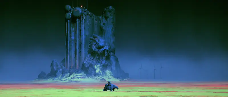Vast pale monument rising from a green plain, a tiny vehicle approaching