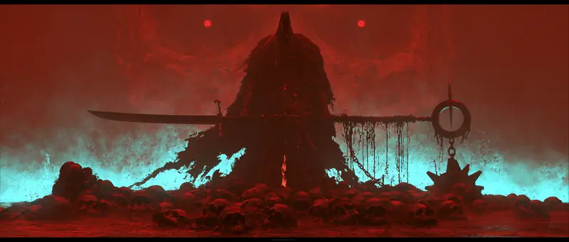 Hooded giant with a circular blade over a red wasteland, cyan accents