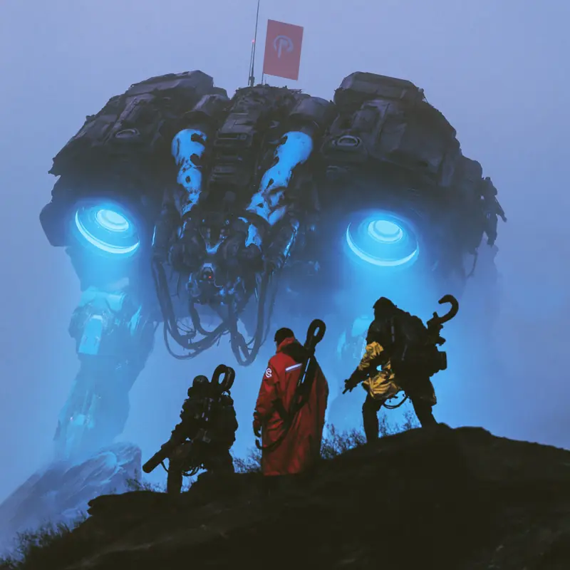 Red-caped crew silhouetted before a mech with glowing blue eyes in the mist