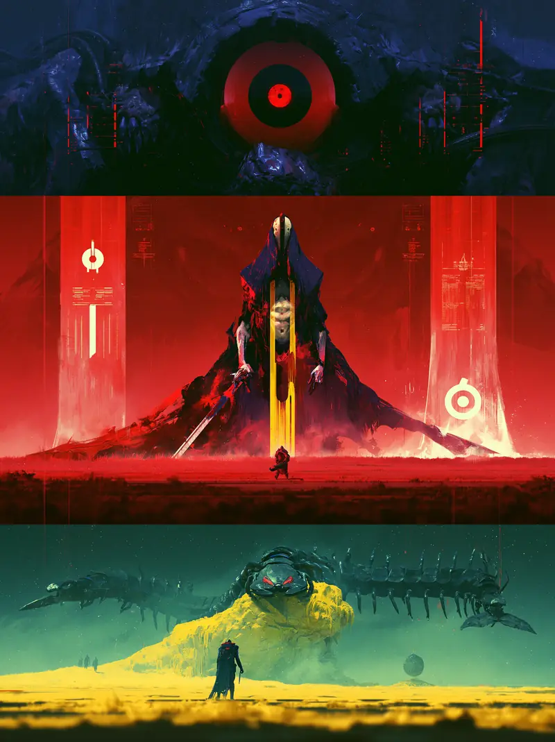 Vertical triptych: a red radar eye, a robed monarch between banners, a desert leviathan