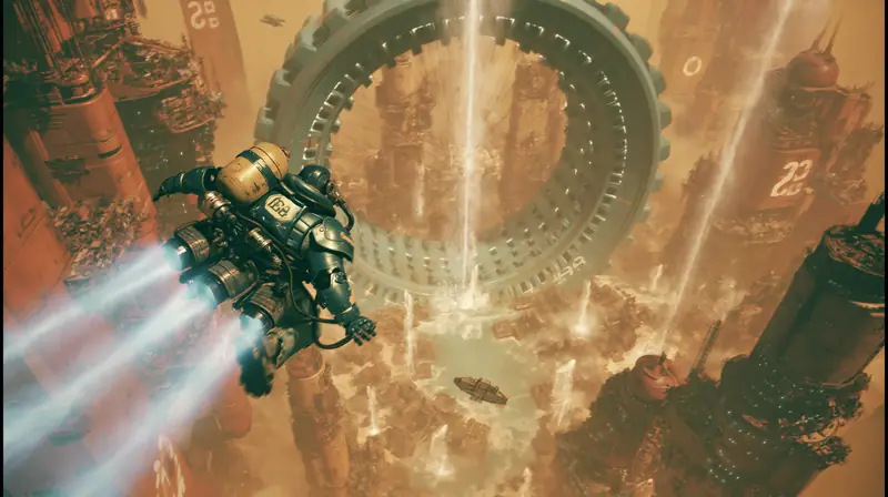 Jet-pack diver descending into a circular machine shaft, sepia tones