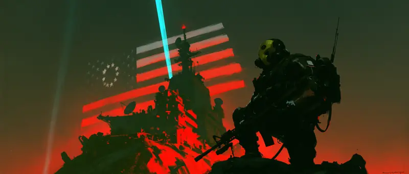 Soldiers beneath a glowing tattered flag, black and red
