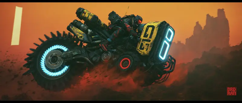 Cyberpunk motorbike in profile against red desert rock